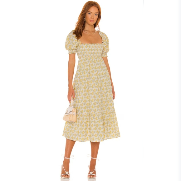 Faithfull the Brand Dresses & Skirts - Faithfull The Brand Luisa Smocked Midi Dress XS Yellow Cottagecore Coquette